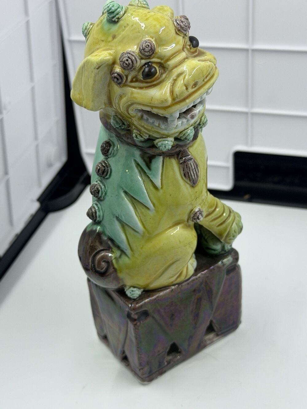 Vintage Chinese Foo Dog, Sancai Glaze Porcelain Guardian Lion Figurine W/ Baby